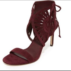 Tory Burch Maroon Suede Leyla Laser Cut Lace Up Heels